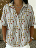 Women's Linen Blouse Short Sleeve Button Up Casual Printed Shirt