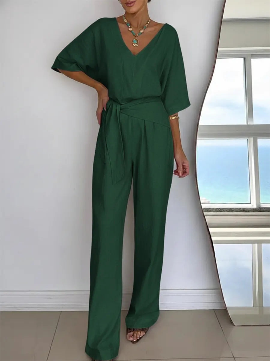 Women's Linen Jumpsuit V-Neck Short Sleeve Belted Wide Leg One Piece Romper