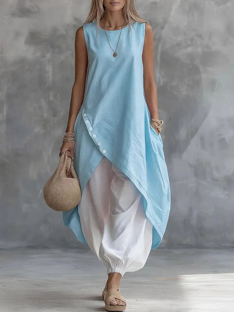 Women's Linen Sleeveless Tunic Top and Trousers Set