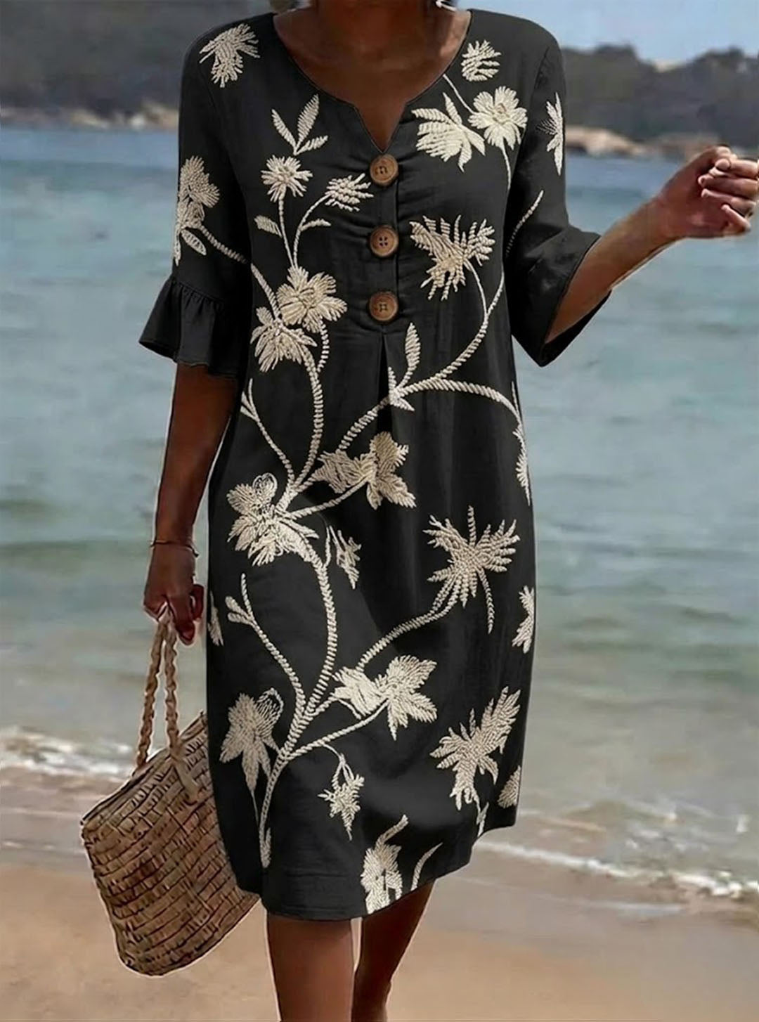 Women's Linen Floral Sundress Beach V-Neck Shift Dress