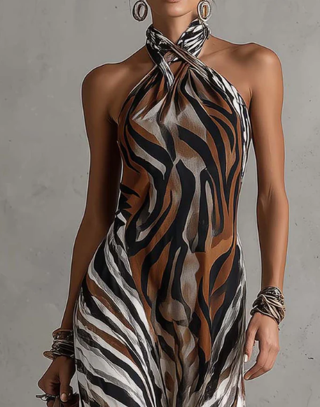 Women's Silk Zebra Print Halter Neck Maxi Dress