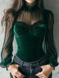 Blouse pour femme en velours et mesh à col haut et manches longues