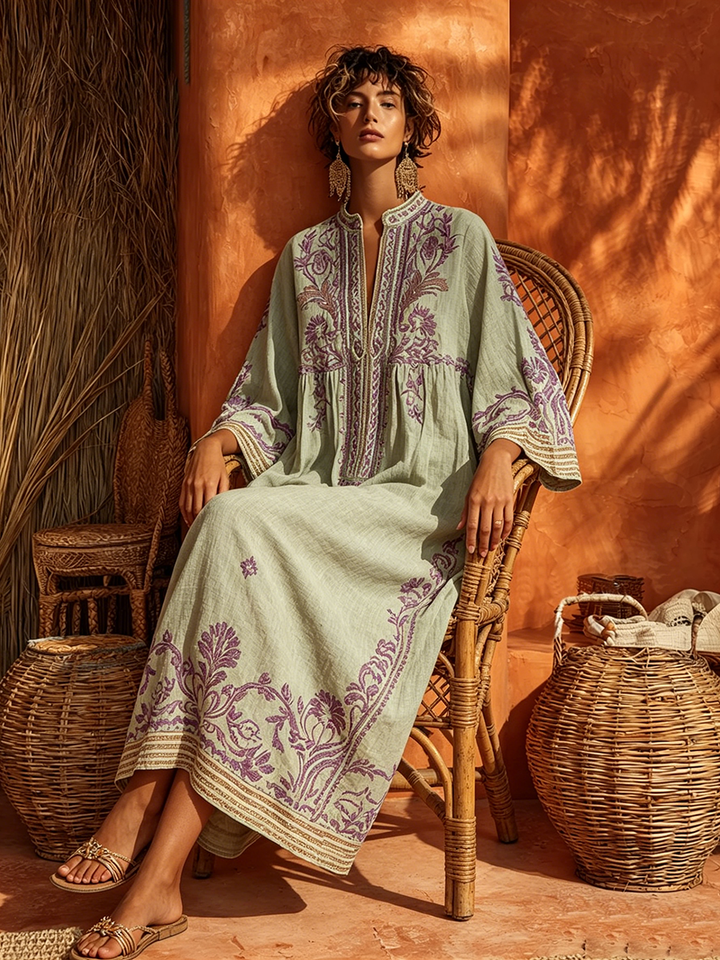 Women's Linen Embroidered Kaftan Dress Maxi Tunic