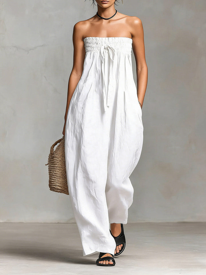 Women's Linen Strapless Wide Leg Jumpsuit
