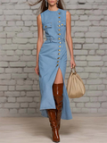 Women's Denim Sleeveless Maxi Dress with Belted Waist and High Slit