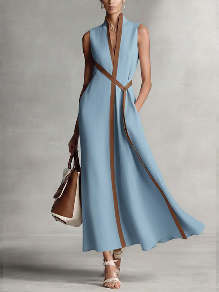 Women's Sleeveless Linen Maxi Dress with Belt Detail