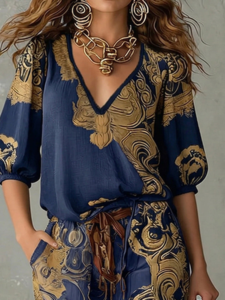 Women's Linen V-Neck Shirt Bohemian Retro Printed Loose Half Sleeve Top