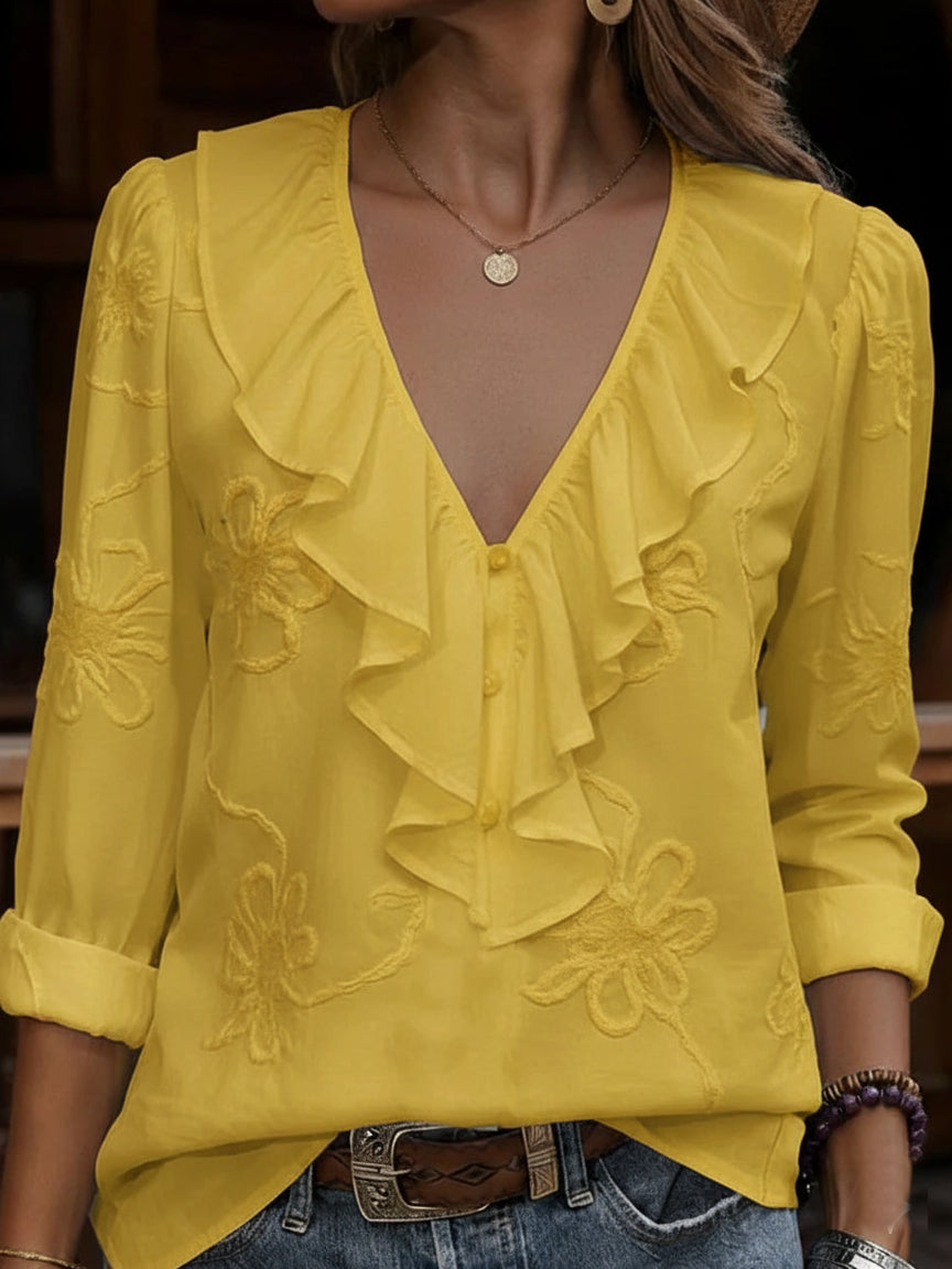 Women's V-Neck Ruffle Blouse Embroidered Long Sleeve Top