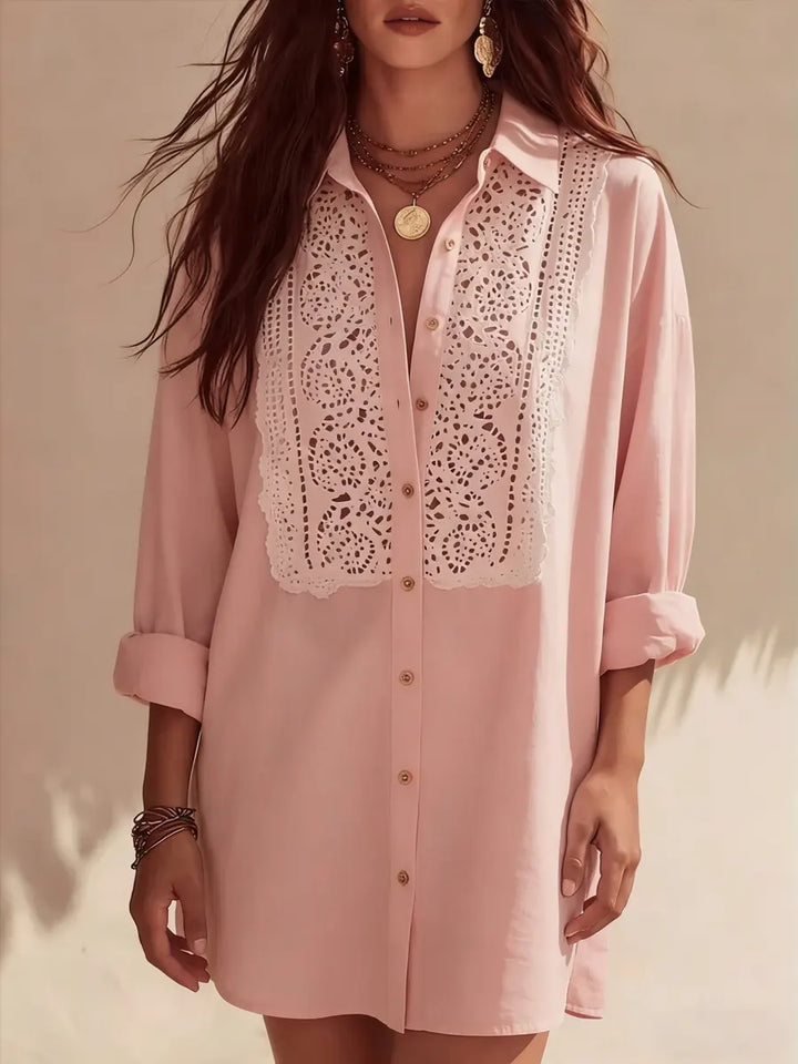 Women's Linen Blend Lace Detail Button Up Shirt Dress