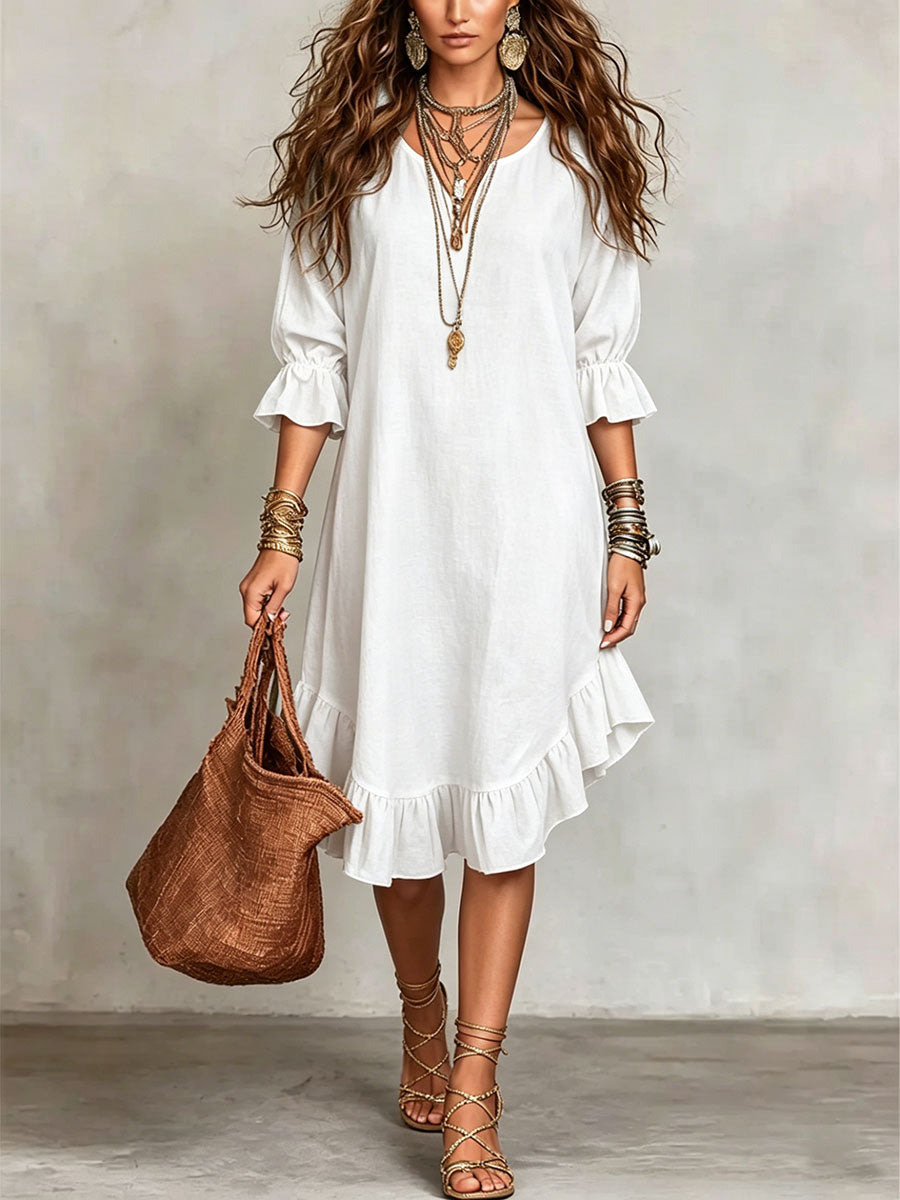 Women's Linen Ruffle Hem V-Neck Tunic Dress