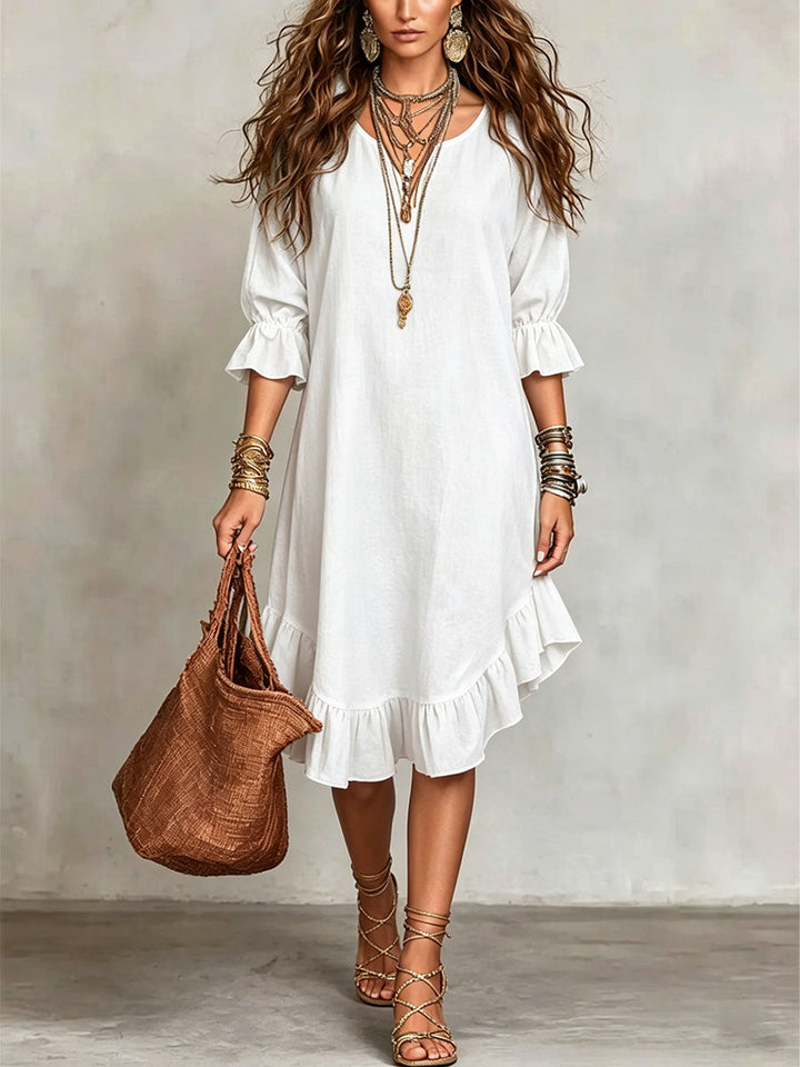 Women's Linen Ruffle Hem V-Neck Tunic Dress