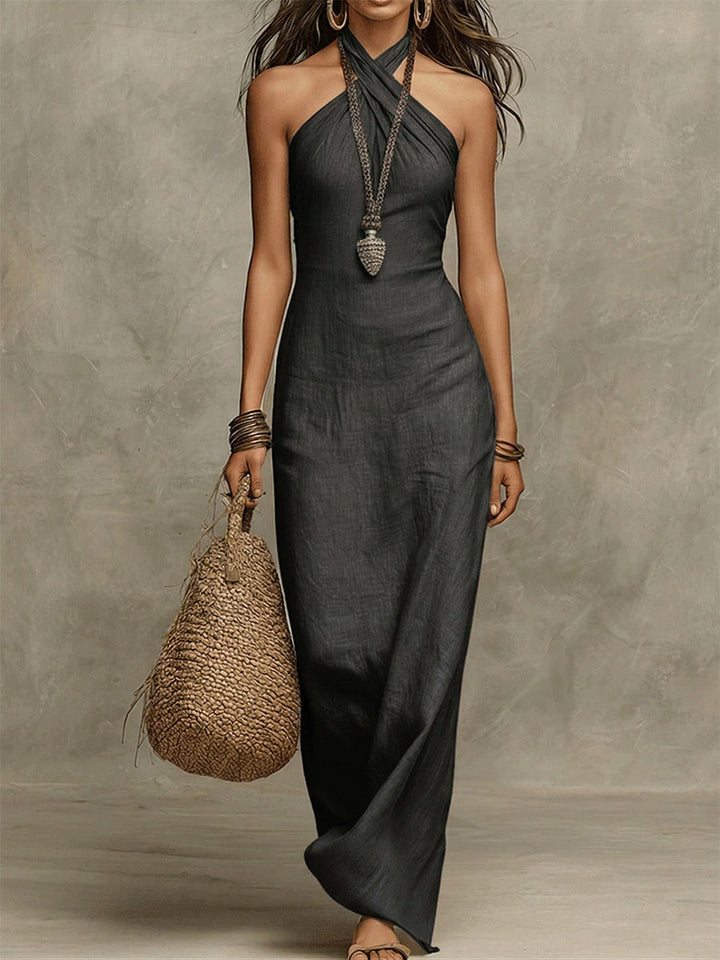 Women's Halter Neck Linen Blend Maxi Dress High Waist Beach Evening Sun Dress
