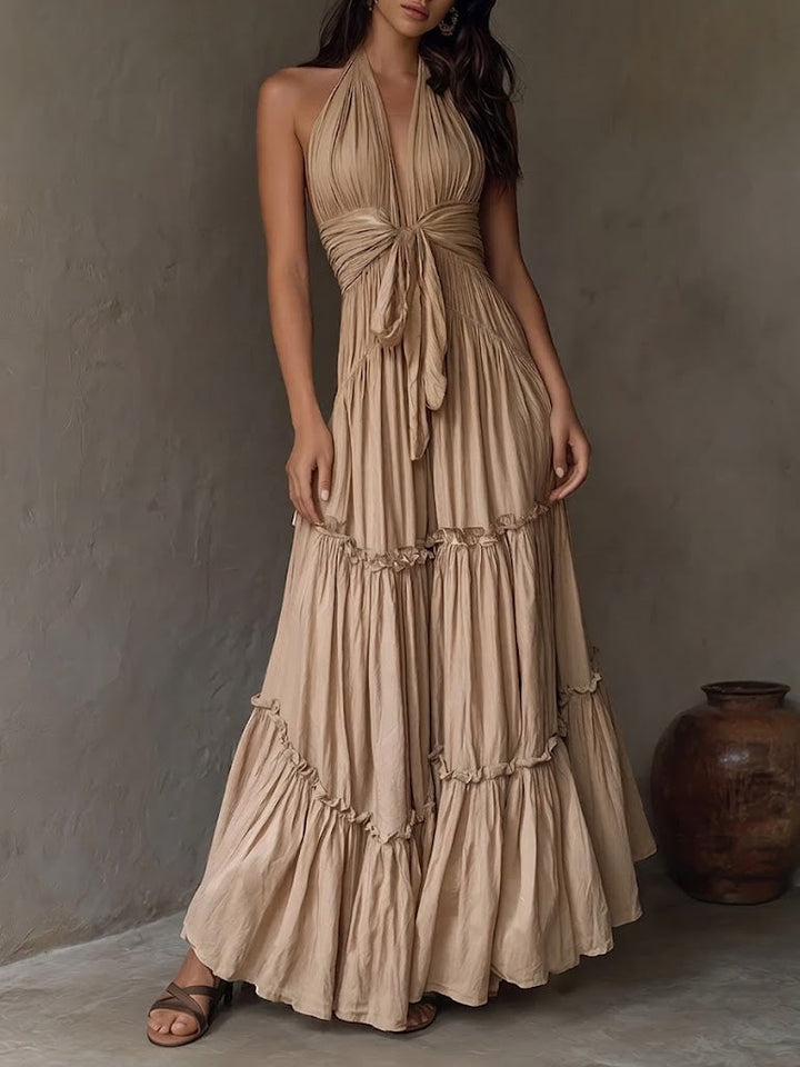 Women's Linen Halter Neck Backless Tiered Maxi Dress