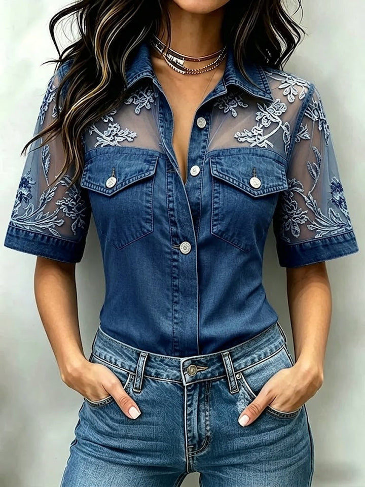 Women's Denim Shirt Sheer Mesh Lace Short Sleeve Blouse