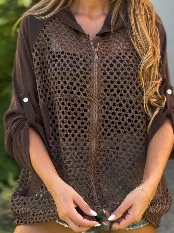 Women's Knit Crochet Zip Up Hooded Beach Cover Up Jacket