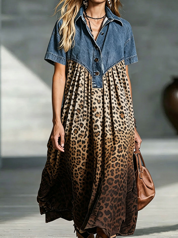 Women's Denim Leopard Printed Short Sleeve Maxi Shirt Dress