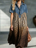 Women's Denim Leopard Printed Short Sleeve Maxi Shirt Dress