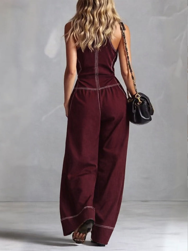 Women's Denim Jumpsuit Sleeveless V-Neck Wide Leg Jean Romper One-Overalls