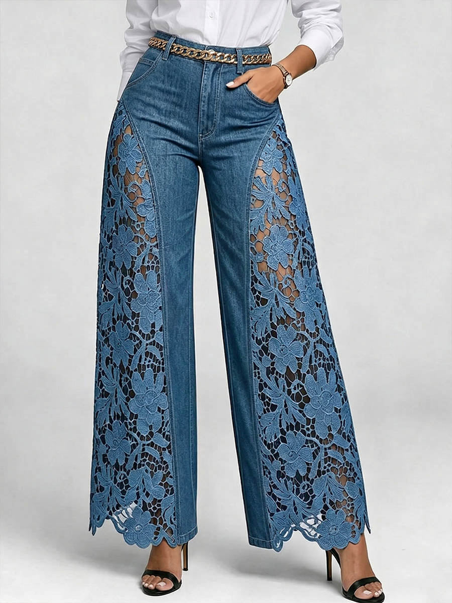 Women's Wide Leg Denim Jeans with Crochet Lace Inset Details