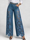 Women's Wide Leg Denim Jeans with Crochet Lace Inset Details