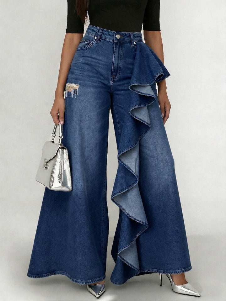 Women's Jeans Denim Wide-Leg Ruffle Asymmetric Flare Style