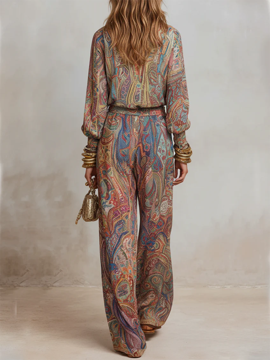Women's Paisley Print Satin Wide Leg Trouser and Blouse Set