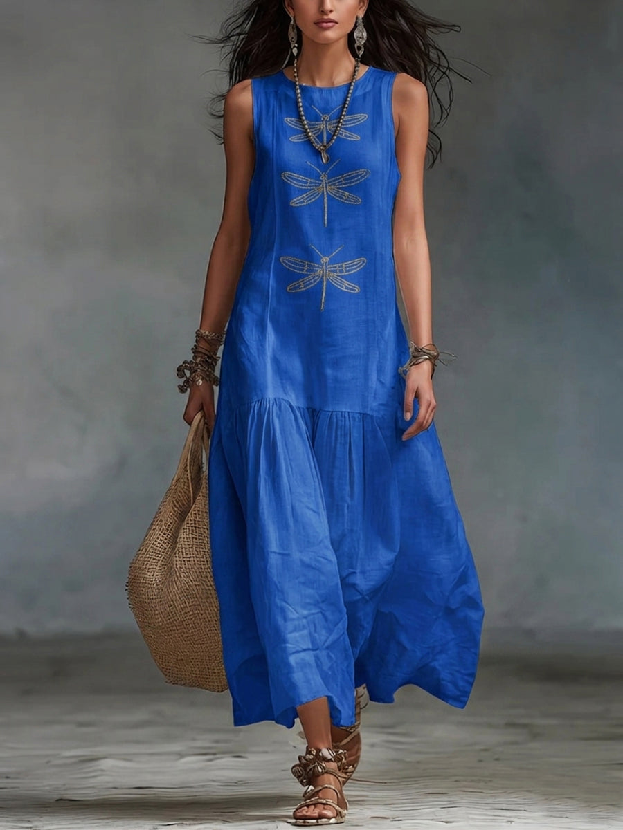 Women's Crew Neck Sleeveless Dragonfly Print Boho Linen Maxi Sundress