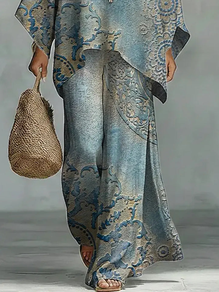 Linen Two Piece Set Women Wide Leg Trousers and Oversized Top Boho Suit