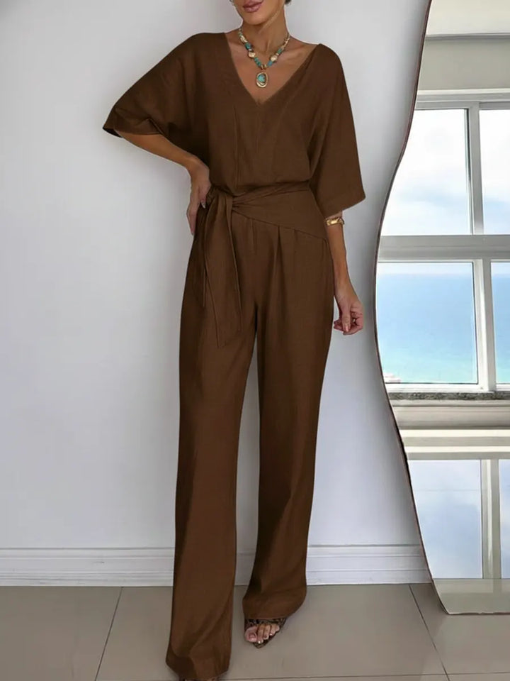 Women's Linen Jumpsuit V-Neck Short Sleeve Belted Wide Leg One Piece Romper