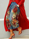 Women's Denim Jeans Floral Embroidered Straight Leg Pants High Waist Trouser
