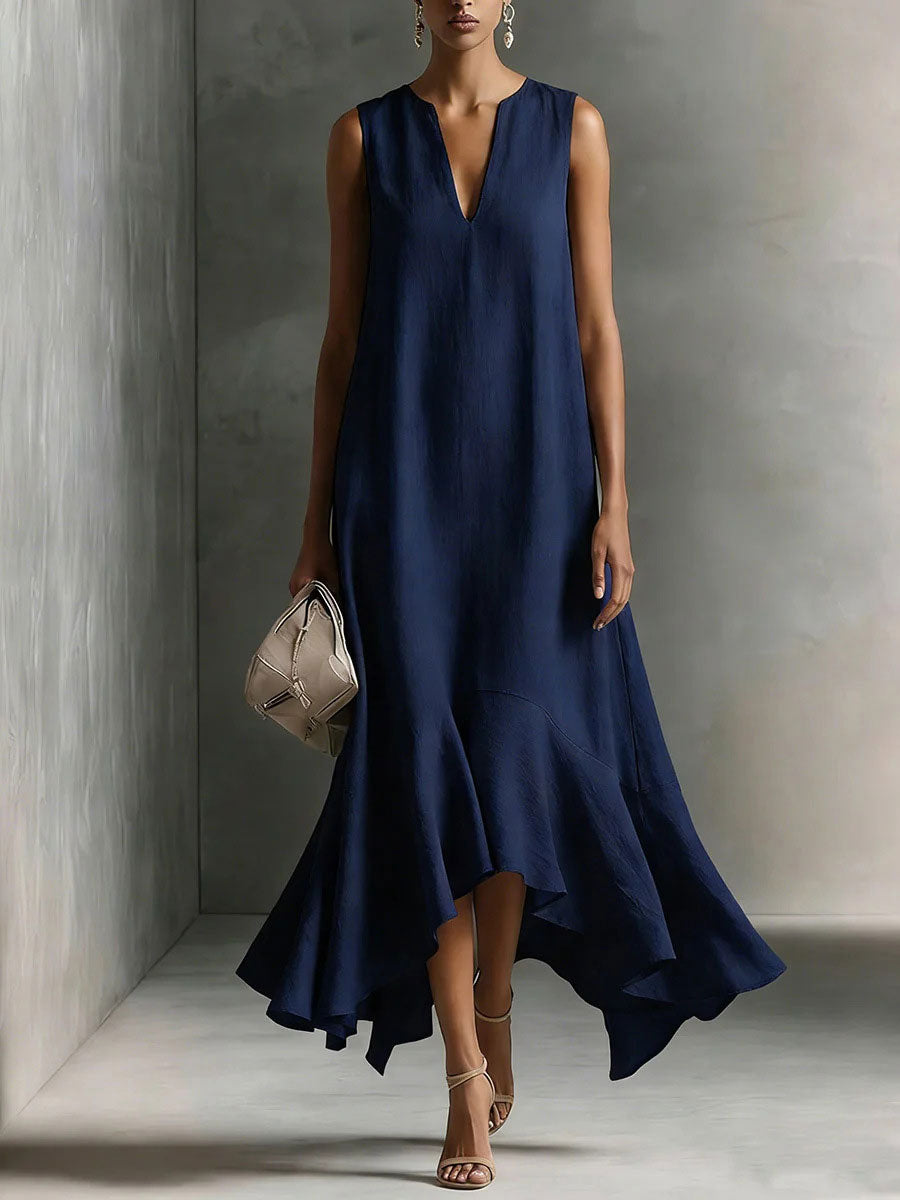 Women's Deep V-Neck Sleeveless Asymmetric Ruffle-Hem Linen Maxi Dress