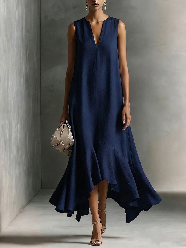Women's Deep V-Neck Sleeveless Asymmetric Ruffle-Hem Linen Maxi Dress
