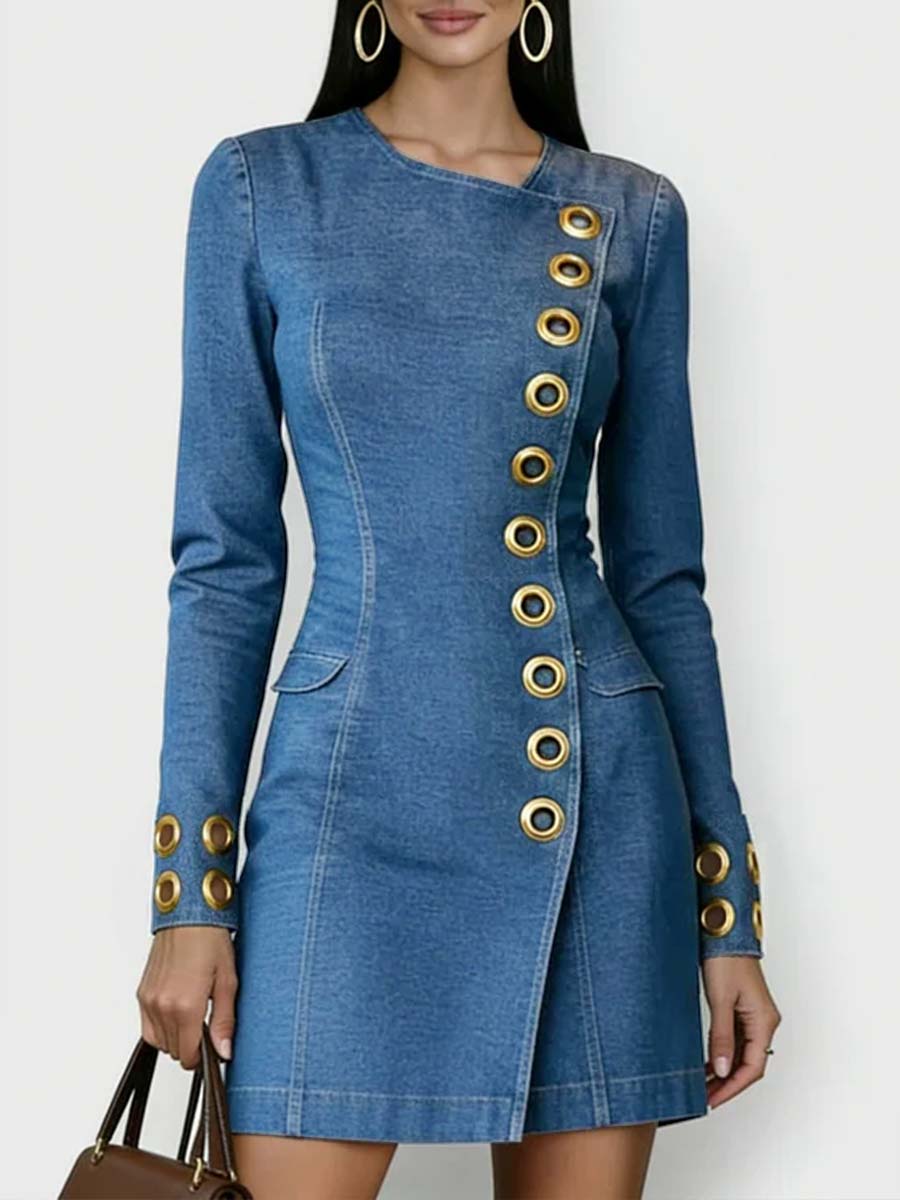 Women's Denim Mini Dress Long Sleeve Jean Shift Dress