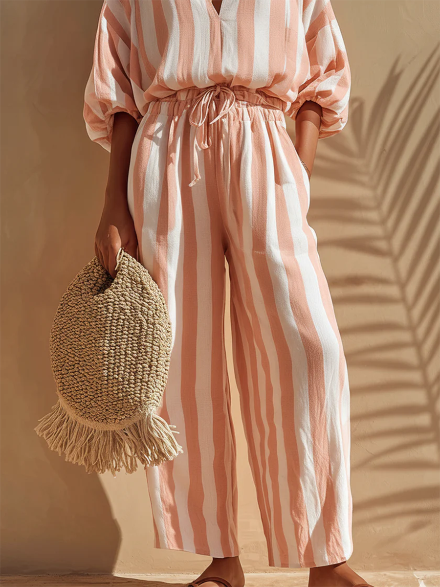 Women's Linen Two-Piece Set V-Neck Top and Striped Trousers Co-ord