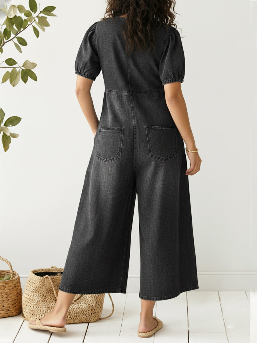Women's Denim Wide Leg Jumpsuit With Puff Sleeves Front Tie