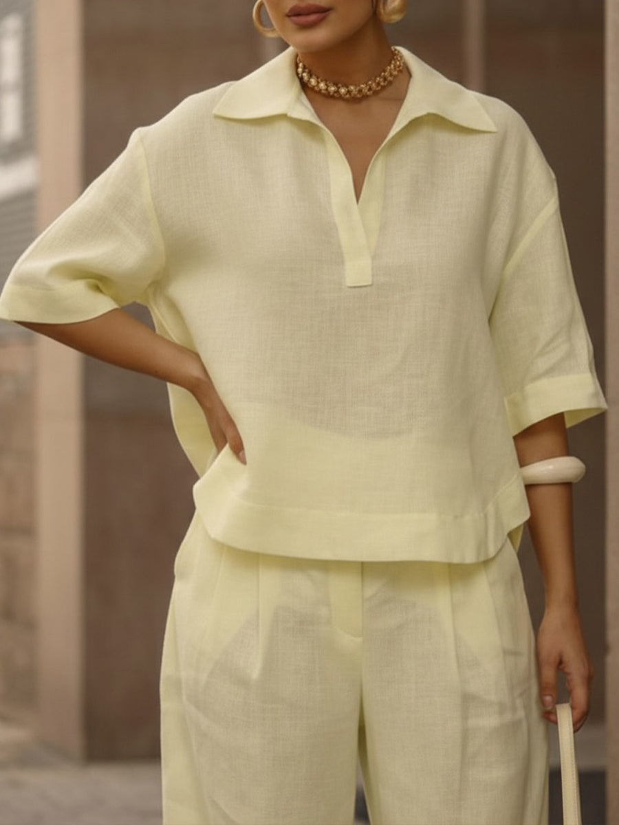 Women's Linen Two Piece Set Wide Leg Trousers and V Neck Top Lounge Wear
