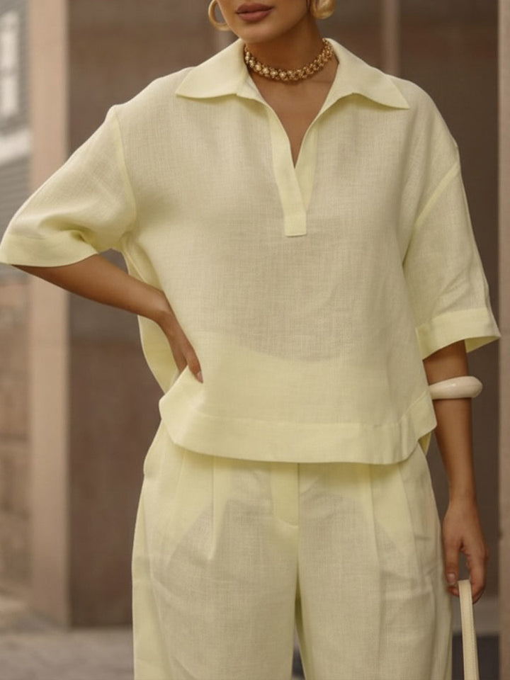 Women's Linen Two Piece Set Wide Leg Trousers and V Neck Top Lounge Wear