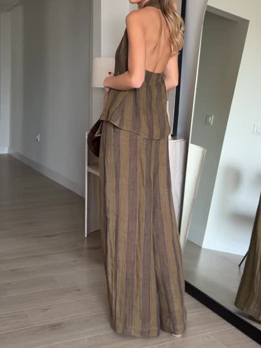 Women's Linen Two Piece Set Striped Backless Halter Top & Wide-Leg Pants