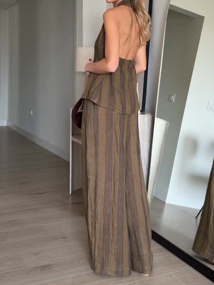 Women's Linen Two Piece Set Striped Backless Halter Top & Wide-Leg Pants