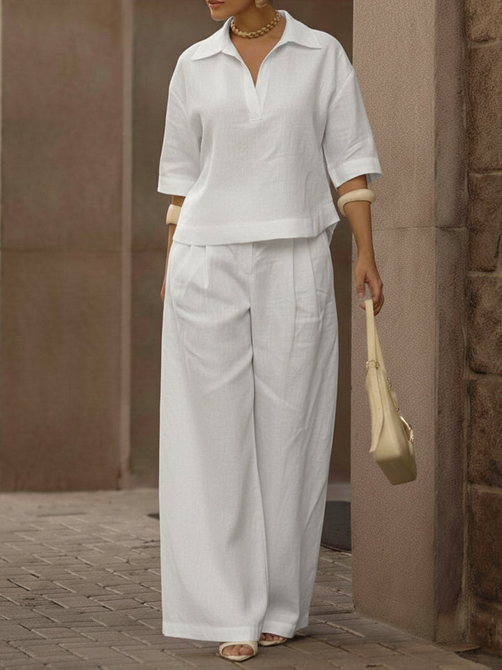 Women's Linen Two Piece Set Wide Leg Trousers and V Neck Top Lounge Wear