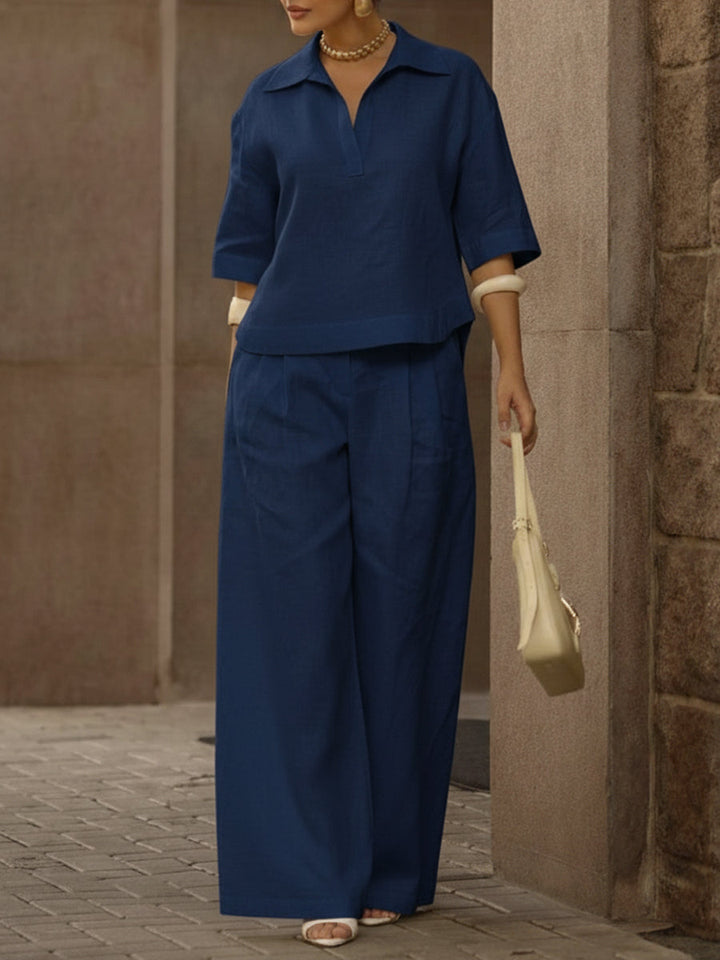Women's Linen Two Piece Set Wide Leg Trousers and V Neck Top Lounge Wear