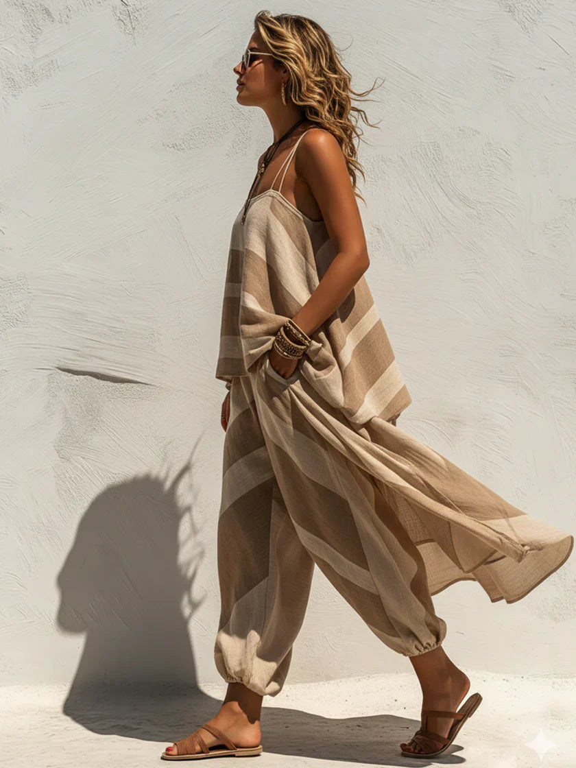 Women's Linen Striped Cami Cardigan & Harem Pants Set