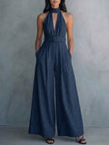 Women's Linen Halter Neck Deep-V Wide Leg Jumpsuit
