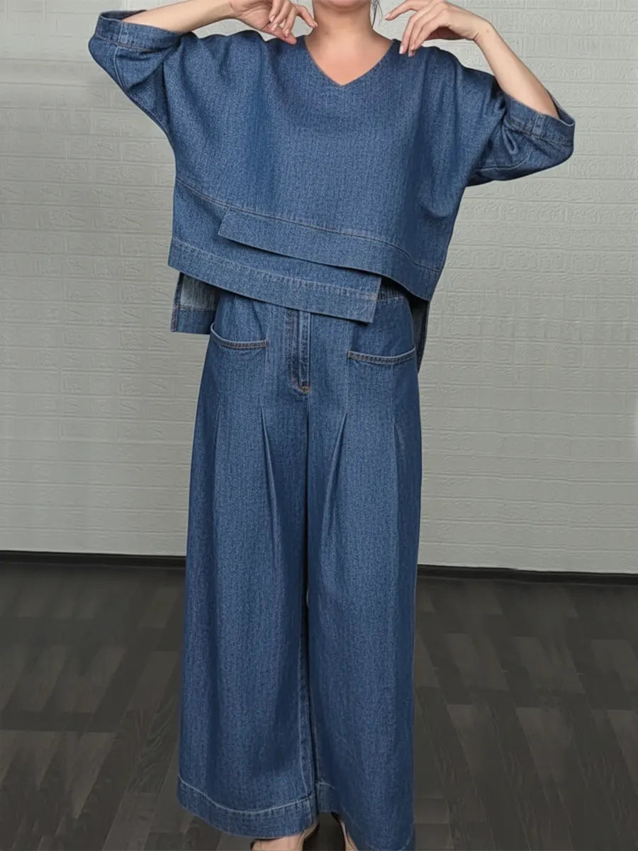 Women's Linen V-Neck Top and Wide Leg Trouser Set