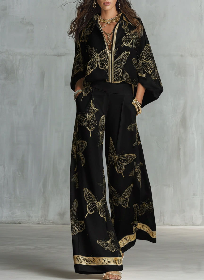 Women's Linen Wide Leg Trousers and Butterfly Print Shirt Set