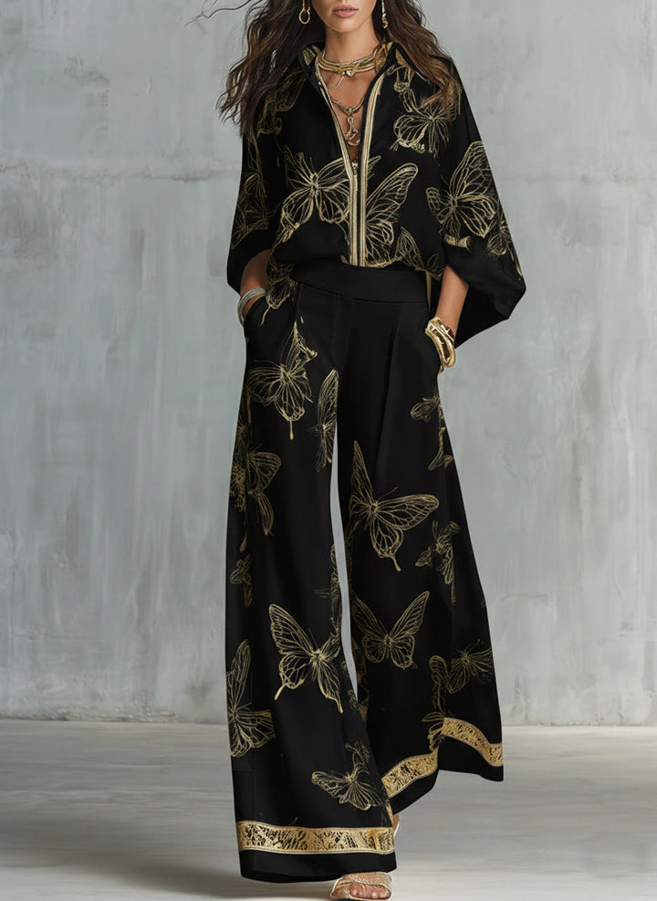 Women's Linen Wide Leg Trousers and Butterfly Print Shirt Set