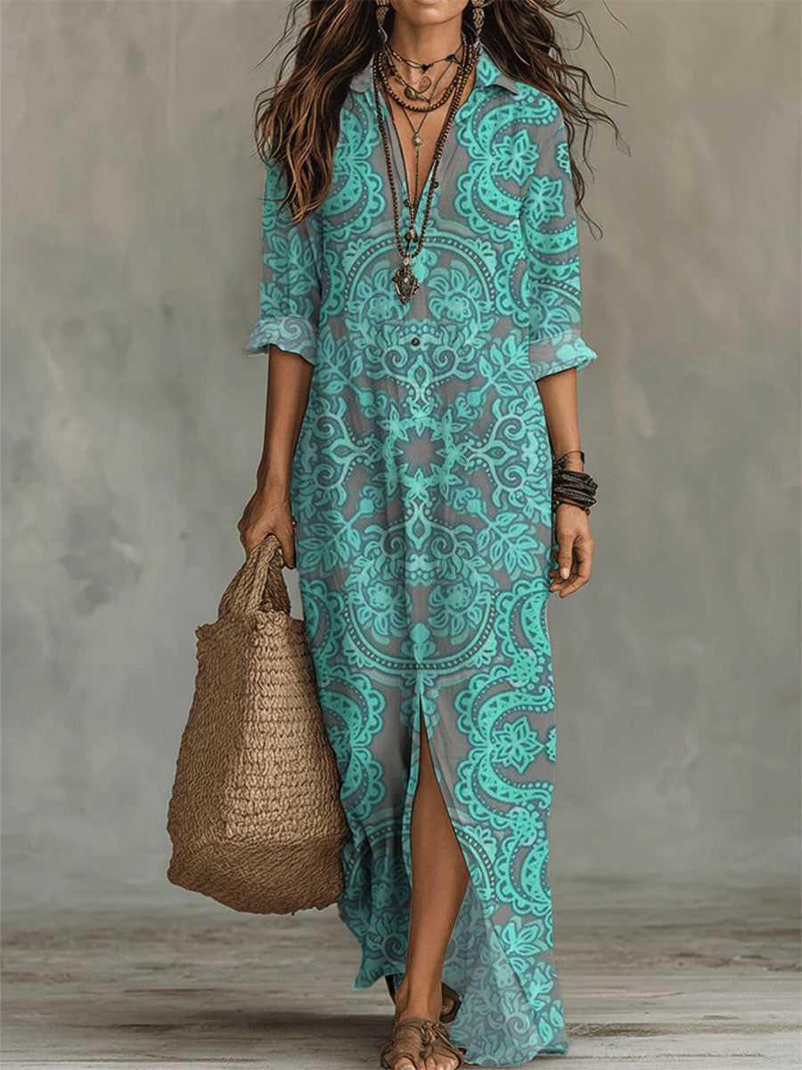 Women's Maxi Dress Linen Print Long Sleeve Shirt Dress V-Neck Boho Kaftan