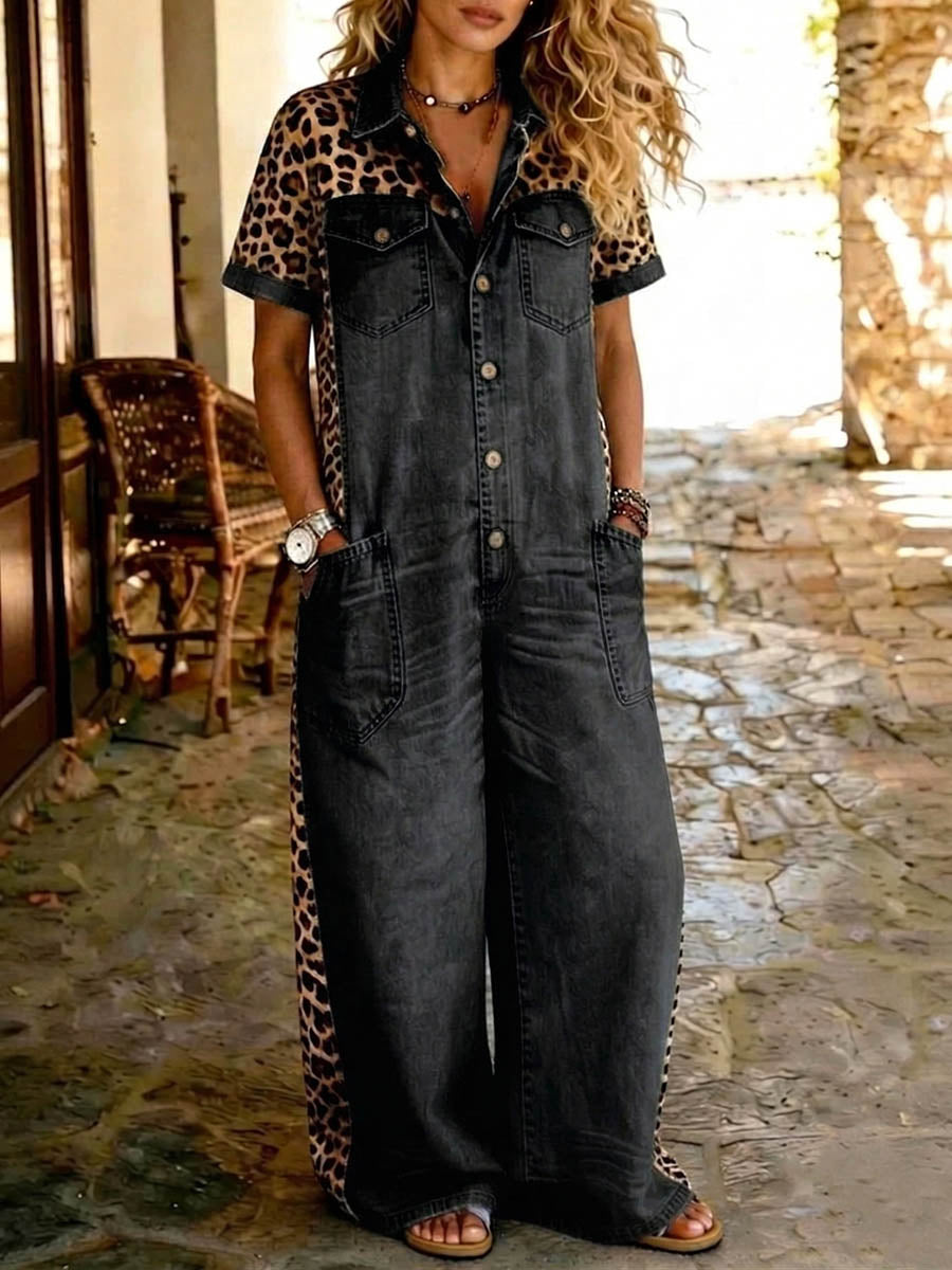 Women's Leopard Print Denim Short Sleeve Wide-Leg Jumpsuit