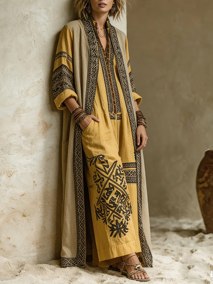 Women's Linen Embroidered Wide Leg Jumpsuit and Long Vest Set