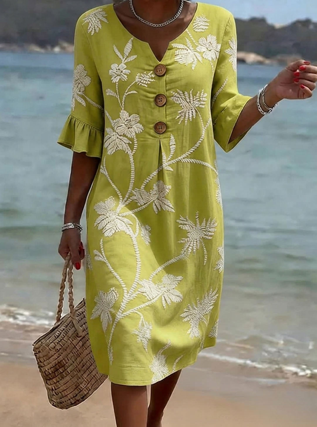 Women's Linen Floral Sundress Beach V-Neck Shift Dress